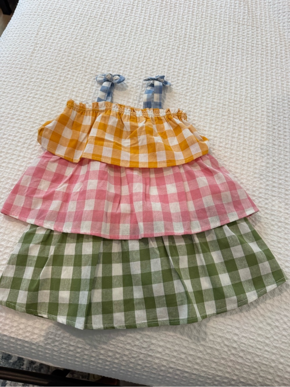 Mud Pie Girls Gingham Tiered Skirt in Yellow, Pink & Green with Blue Tie Straps